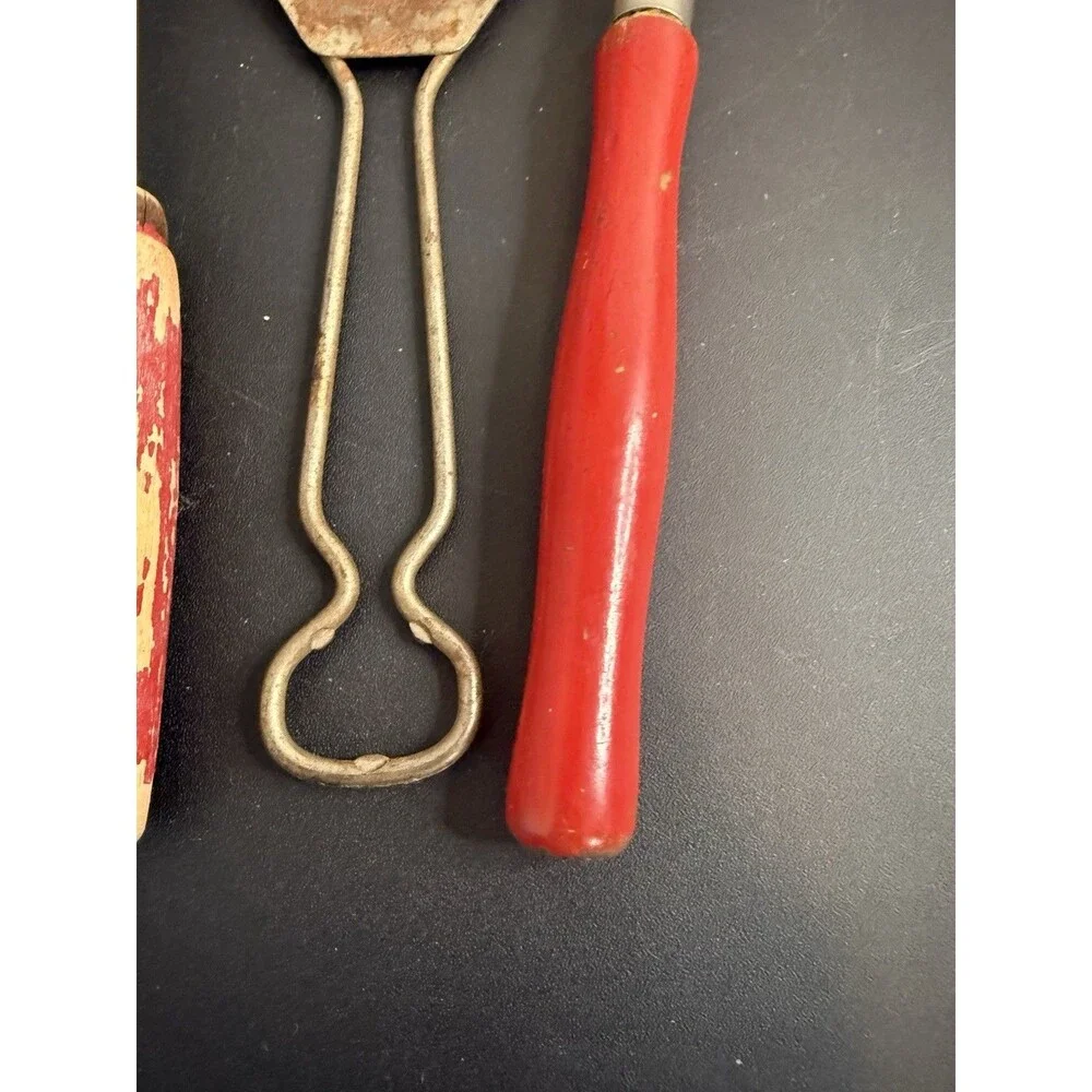 Vintage Rustic Farmhouse Kitchen Utensils Red Wood Handles